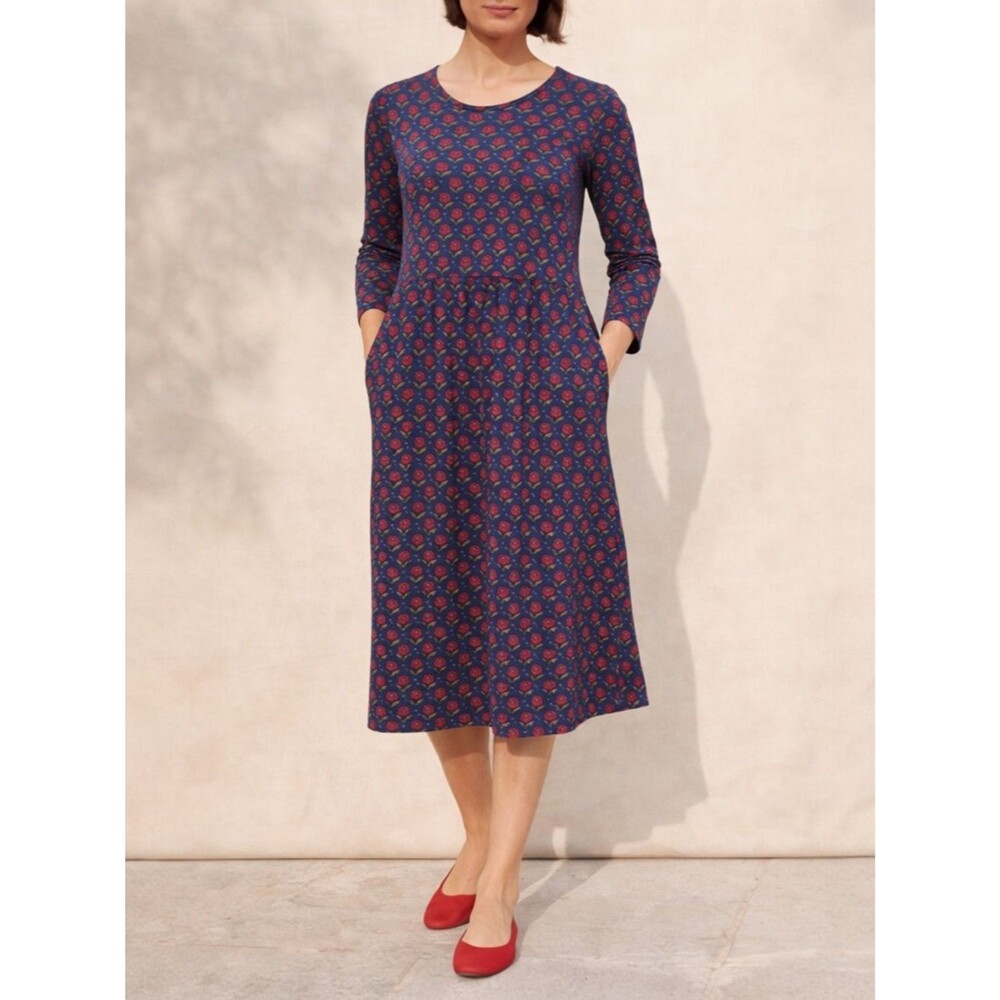 Boden Floral Cotton Knit Dress US Size 10L Blue Red Long Sleeve Pocket Midi